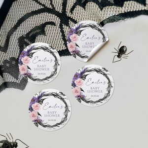 Spooky floral round stickers baby shower party printable, a little boo halloween baby shower thank you labels, bat halloween sticker - C293