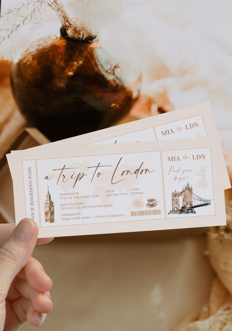 May include: A rectangular boarding pass template with a light beige background featuring the text a trip to London, MIA to LDN, and Pack your bags. It includes watercolor illustrations of Big Ben, Tower Bridge, a teacup, and a world map.