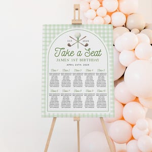 Golf 1st birthday party seating chart printable, masters boy birthday seating chart, sports golf theme birthday party seating chart - C718