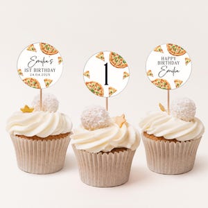 Pizza party 1st birthday cupcake topper template, pizza slices birthday party cupcake topper, modern pizza birthday cupcake decoration -C681