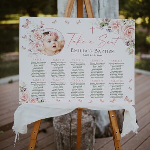 Pink flowers girl baptism seating chart printable, floral baptism seating chart with photo, pink roses girl hristening seating chart - C178
