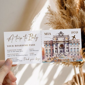 Trip to Italy gift ticket printable, Rome boarding pass, surprise trip to italy, airline surprise trip ticket decor, you're going to Italy