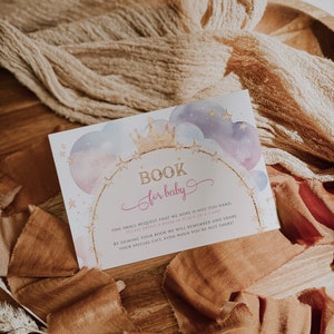 Little princess gold crown books for baby card printable, bohemian arch blush purple clouds baby shower book for baby game decoration - C484