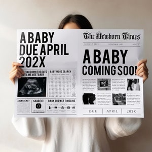 Newspaper pregnancy announcement template, newspaper baby shower, gender reveal newspaper invitation, baby shower program, baby announcement