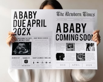 Newspaper pregnancy announcement template, newspaper baby shower, gender reveal newspaper invitation, baby shower program, baby announcement