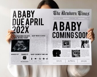 Newspaper pregnancy announcement template, newspaper baby shower, gender reveal newspaper invitation, baby shower program, baby announcement