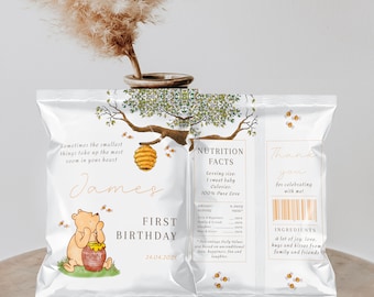Winnie the pooh first birthday chip bag label printable, winnie pooh chip bag for birthday, honey bear chip bag label gender neutral - C537