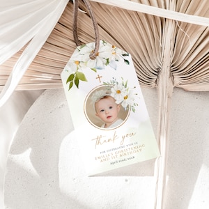 Daisy floral baptism 1st birthday favour tags printable, rectangular daisy neutral christenings favor tags, first communion favor tags-C275p