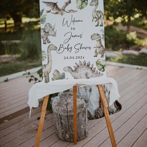 Dino baby shower welcome sign printable, watercolor neutral dinosaur baby shower welcome sign, boy dino baby shower welcome poster - C793