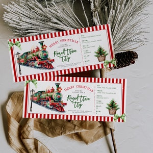 Red green Christmas train ticket for the weekend printable, christmas train ticket surprise gift voucher, winter holiday travel ticket decor