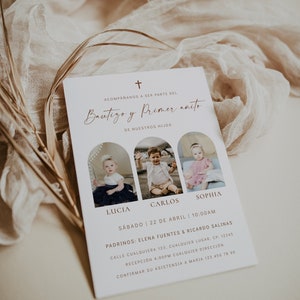 Invitaciones de bautizo y primer añito de la foto, invitacion bautizo en espanol editable, triplets baptism 1st birthday invite photo - C212
