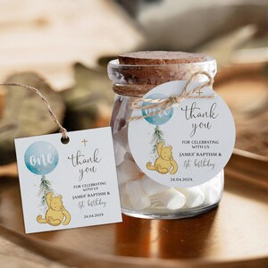 Winnie with blue balloon baptism anf 1st birthday thank you tag printable, winnie the pooh boy christening & birthday party favor tag - C19