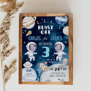 Kids outer space party invitation printable, blast off twins boys birthday party invite, blue astronaut blast off invite card template -C253