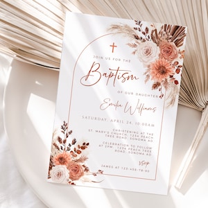 Modern pampas grass christening invitation card, boho arch baptism invitation printable, orange floral autumn baptism invitation card-C365