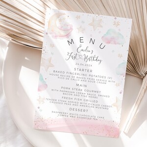 Pastel clouds birthday menu printable, watercolor pink sky 1st birthday party menu card, moon and stars girl 1st birthday party menu - C673