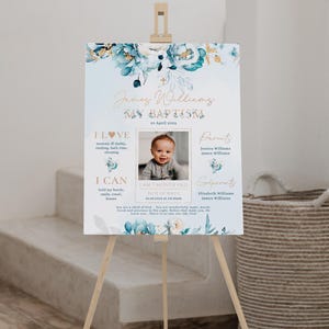 Floral gold cross baptism milestone sign printable, blue flowers baptism milestone with photo, blue and gold baptism milestone poster - C211