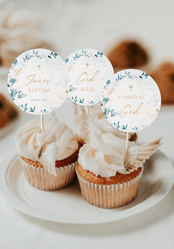 Boy baptism cupcake toppers printable, blue floral cupcake topper ...