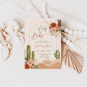Hello baby desert baby shower invite, boho gender neutral baby shower invitation template, modern floral baby shower invitation card - C411