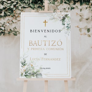 Cartel bienvenida bautizo y primer añito niño para imprimir, printable baptism birthday welcome sign in spanish, bienvenidos al bautizo-C11
