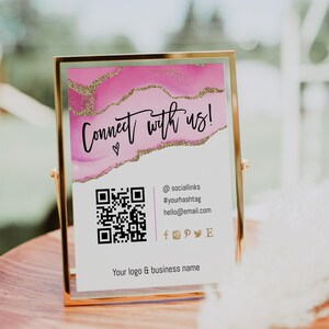 Pink and gold social media sign printable, connect with us table sign, small business sign, follow us social media sign, QR code sign - A75
