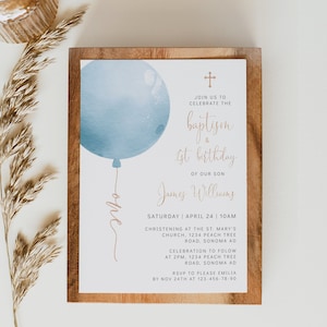 Balloon 1st birthday & baptism invitation boy printable, dusty blue birthday and christening invite, boys blue balloon Invite decor - C132