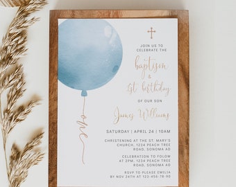 Balloon 1st birthday & baptism invitation boy printable, dusty blue birthday and christening invite, boys blue balloon Invite decor - C132