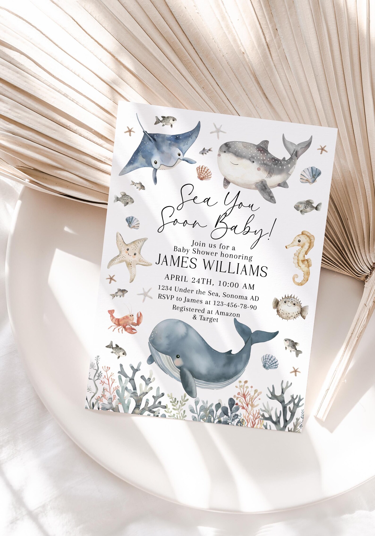 Sea You Soon Baby Shower Invitation Printable, Boy Ocean Baby Shower ...