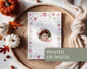 Pink Pumpkin Girl Third Birthday With Photo Invitation Printable: Fall 3rd Party Invite Card -C803-g