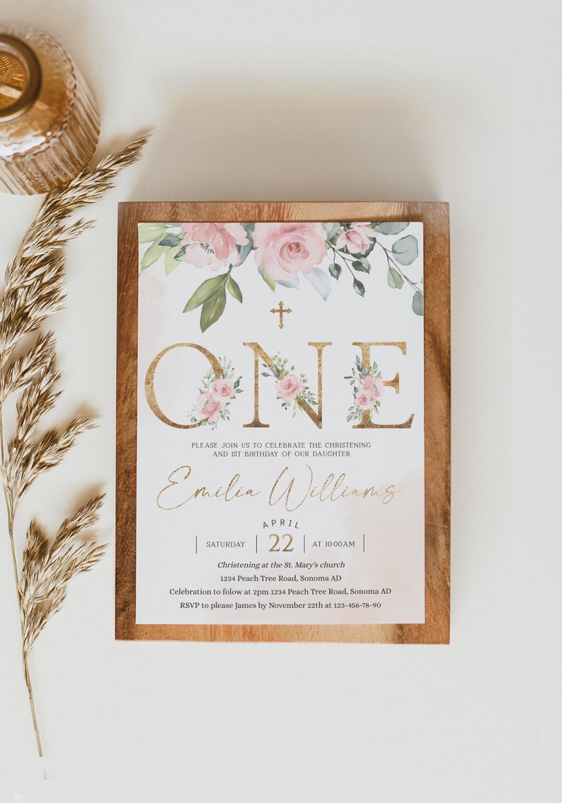 Christening and 1st Birthday Invitation Template Girl Blush Etsy