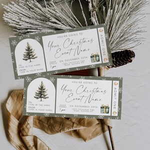 Christmas event gift ticket template, green christmas tree show ticket, winter show ticket, sage green Christmas holiday concert gift ticket
