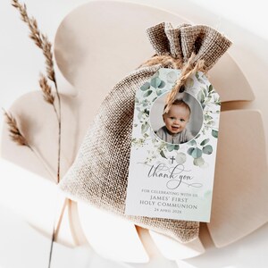 Green leaves first holy communion favor tag editable, greenery baptism thank you tag with photo, eucalyptus first communion gift tag -C129
