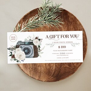 Editable winter photography gift certificate template, photographer gift certificate mininalist, holiday photo session gift card Xmas