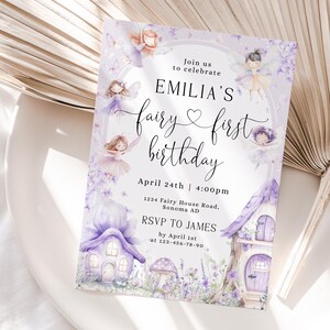 Fairy first birthday party invitation printable, fairy purple 1st birthday party invitation, girl purple flowers 1st birthday invite - C662