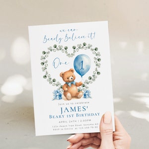 Modern children's 1st birthday invitation card template, balloon birthday invitation beary boy for any age, blue bow bear first invite -C506