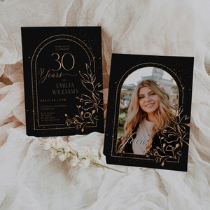 Boho gold arch woman 30th birthday party adult invitation printable with photo, photo adult 30th birthday party invite black gold decor-C476