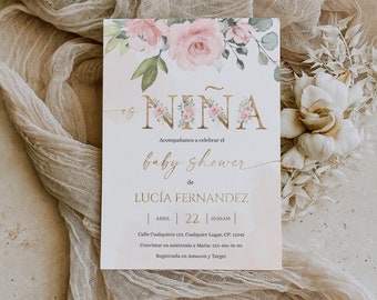 Invitacion para baby shower en Español, es nina invitation spanish baby shower invitation template, floral girl baby shower invite pink