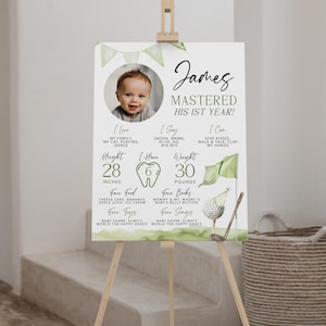 Golfing birthday milestone sign template, golf 1st birthday milestone poster with photo, green golf theme 1st birthday milestone sign - C720