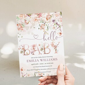 Blush pink floral hello baby invitation template, floral baby shower invitation for girl, floral girl invite, baby brunch sprinkle - C134 image 2
