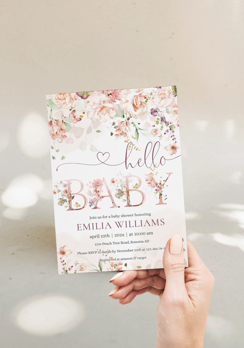 Blush pink floral hello baby invitation template, floral baby shower invitation for girl, floral girl invite, baby brunch sprinkle - C134 image 2