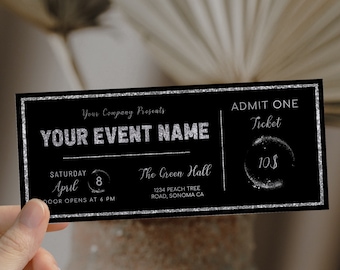 Event ticket template, editable New Year event tickets, birthday concert ticket surprise, black silver event ticket printable present coupon