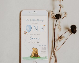 Boy winnie the pooh birthday evite, classic winnie pooh 1st birthday electronic invitation, honey digital text b-day evite editable - C538-b