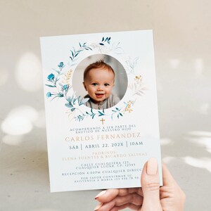 Boy baptism blue invitation in spanish with photo, invitaciones de bautizo nino, invitacion bautizo en espanol, invitacion para niño - C208