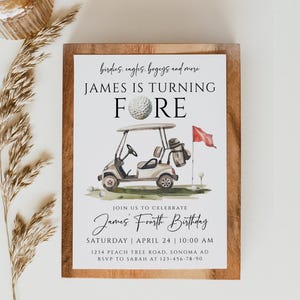 Golf birthday party invitation printable, golf cart and flag fourth birthday party invitation, sports theme four birthday party invite -C649
