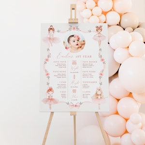 Ballerina milestone poster, tutu cute girl dancer 1st birthday party milestone board printable, modern photo board 1st birthday girl - C509