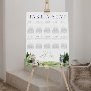 Golf 1st birthday party seating chart printable, sports golf cart birthday seating chart, sports theme birthday party seating chart - C646