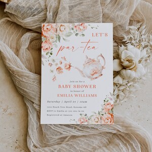 Let's par tea baby shower party invitation card printable and decor, tea party baby shower invitation, floral themed invitation baby - C454