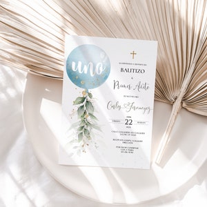 Invitacion bautizo uno en espanol, bautizo y primer añito, printable baptism 1st birthday invitation spanish, invitación niño cumpleaños-C19
