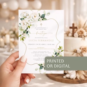 Hand holding bautizo invitation with printed or digital options banner, white floral corners and gold ornate scroll frame