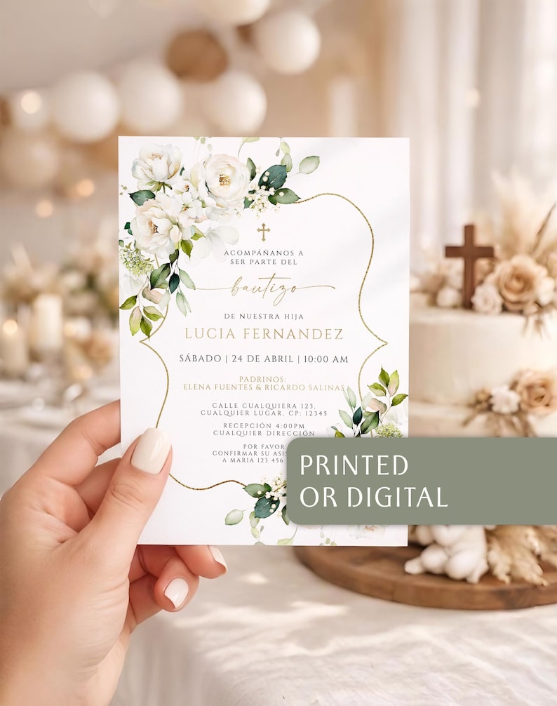 Hand holding bautizo invitation with printed or digital options banner, white floral corners and gold ornate scroll frame