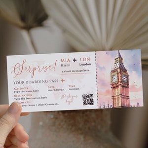 London surprise boarding pass, London gift boarding pass, vacation ticket printable airline, flight surprise trip ticket travel to London